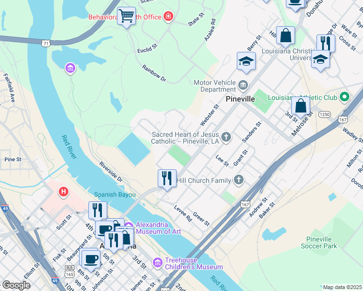 map of restaurants, bars, coffee shops, grocery stores, and more near 210 Ball Street in Pineville