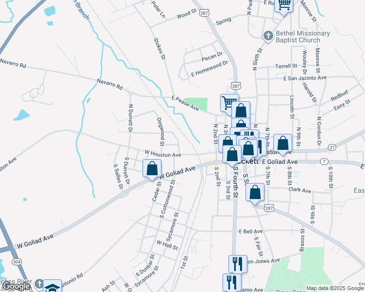 map of restaurants, bars, coffee shops, grocery stores, and more near 200 West Houston Avenue in Crockett