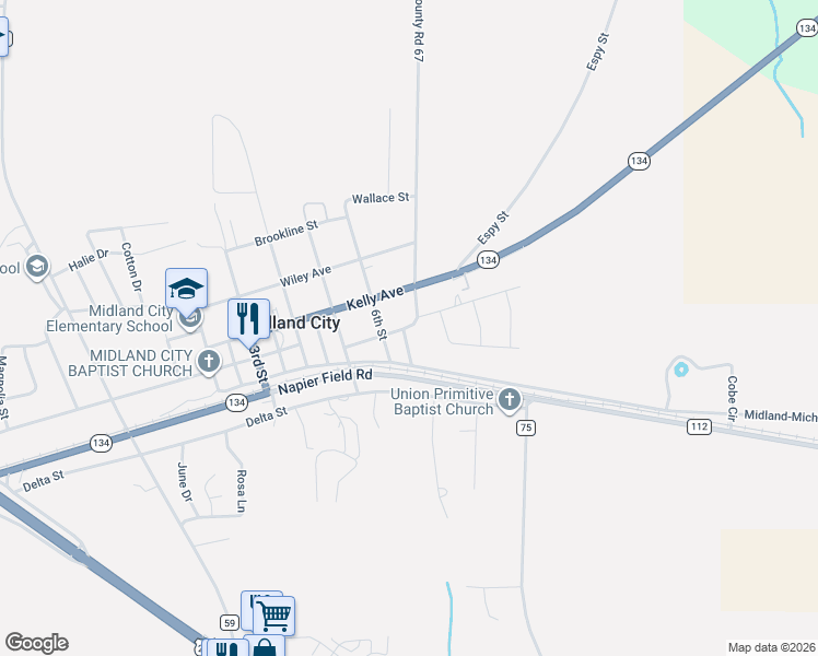 map of restaurants, bars, coffee shops, grocery stores, and more near 100-102 Liberty Street in Midland City