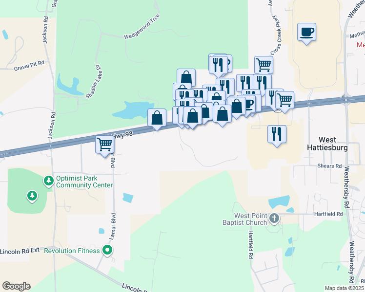 map of restaurants, bars, coffee shops, grocery stores, and more near 11 Lake Forgetful in Hattiesburg