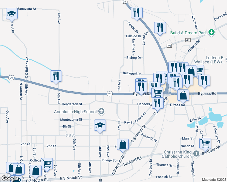 map of restaurants, bars, coffee shops, grocery stores, and more near 800 Clara Street in Andalusia