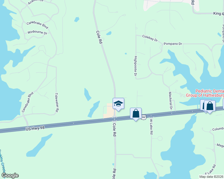 map of restaurants, bars, coffee shops, grocery stores, and more near 418 Cole Road in Hattiesburg