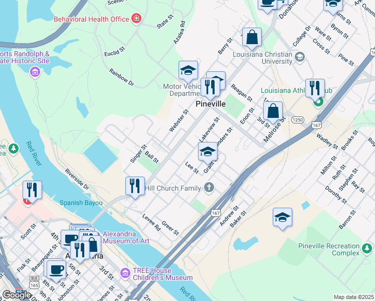 map of restaurants, bars, coffee shops, grocery stores, and more near 522 Lakeview Street in Pineville
