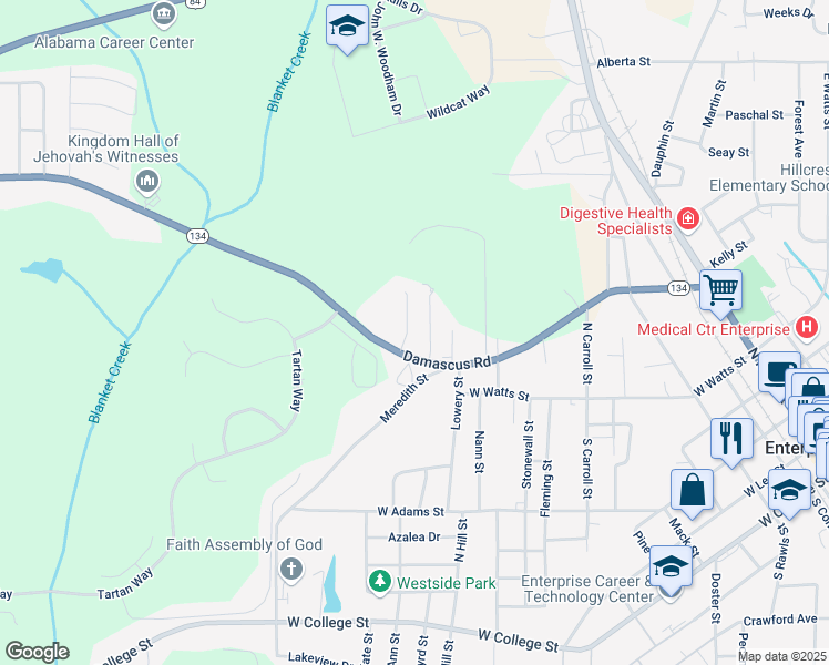 map of restaurants, bars, coffee shops, grocery stores, and more near 120 Cody Drive in Enterprise