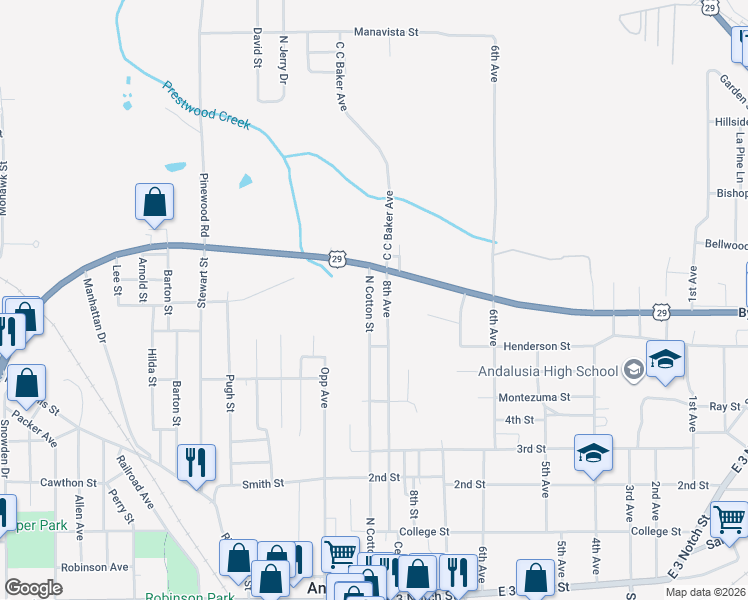 map of restaurants, bars, coffee shops, grocery stores, and more near 618 North Cotton Street in Andalusia