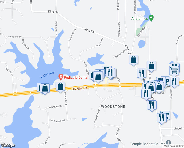 map of restaurants, bars, coffee shops, grocery stores, and more near 5 Windlass Drive in Hattiesburg