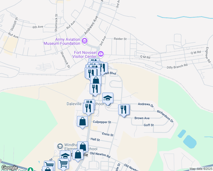 map of restaurants, bars, coffee shops, grocery stores, and more near 10 Woodbridge Court in Daleville