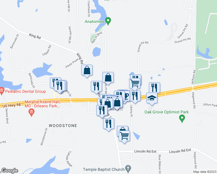 map of restaurants, bars, coffee shops, grocery stores, and more near 22 98th Place Boulevard in Hattiesburg