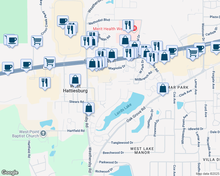 map of restaurants, bars, coffee shops, grocery stores, and more near 3 Azalea Avenue in Hattiesburg