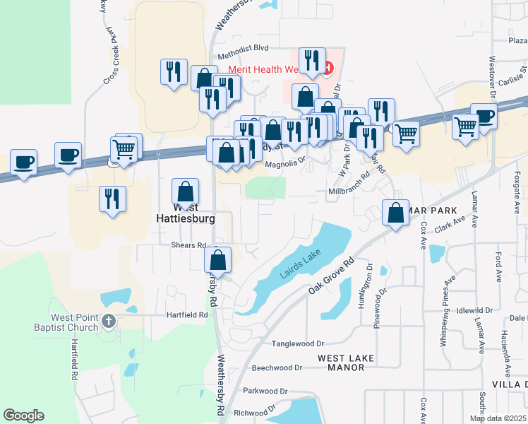 map of restaurants, bars, coffee shops, grocery stores, and more near 3 Azalea Avenue in Hattiesburg