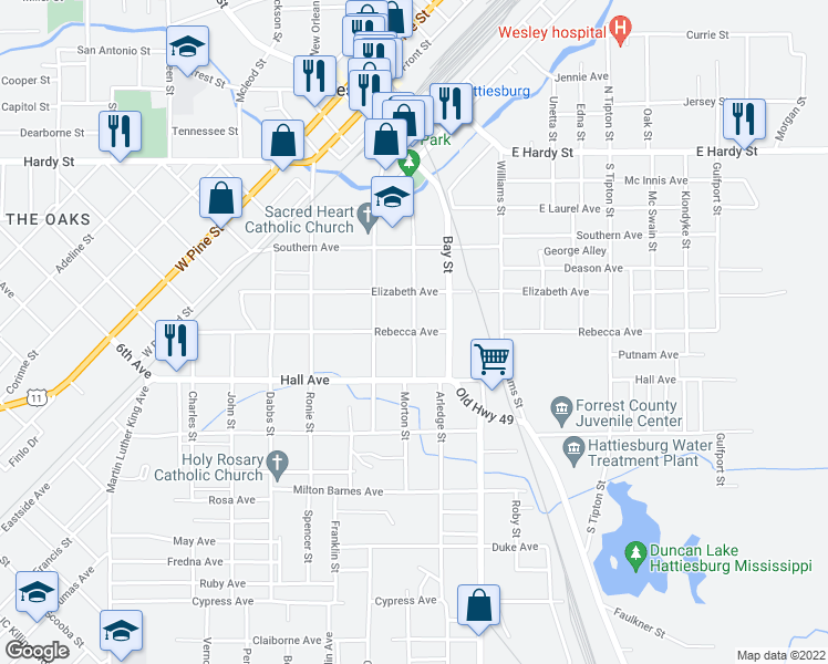 map of restaurants, bars, coffee shops, grocery stores, and more near 699 Rebecca Avenue in Hattiesburg