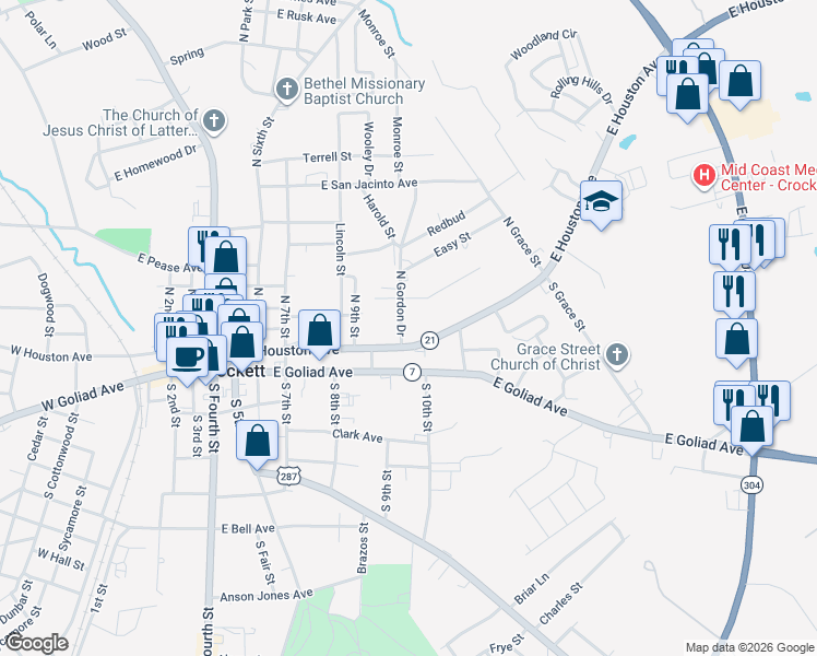 map of restaurants, bars, coffee shops, grocery stores, and more near 919 East Houston Avenue in Crockett