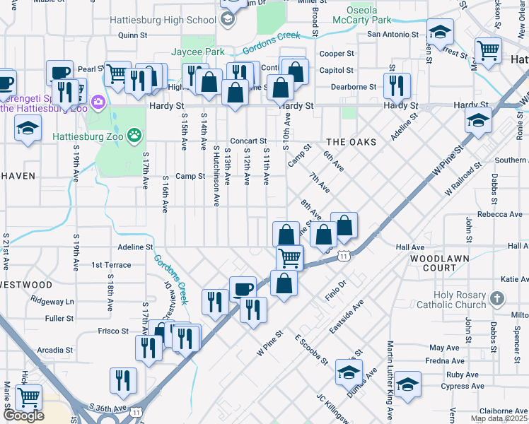 map of restaurants, bars, coffee shops, grocery stores, and more near 405 South 11th Avenue in Hattiesburg