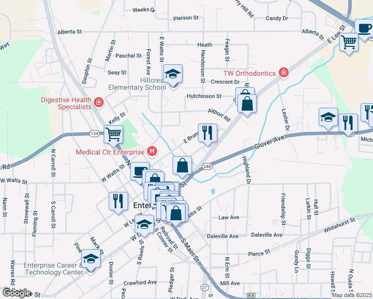 map of restaurants, bars, coffee shops, grocery stores, and more near 305 East Brunson Street in Enterprise