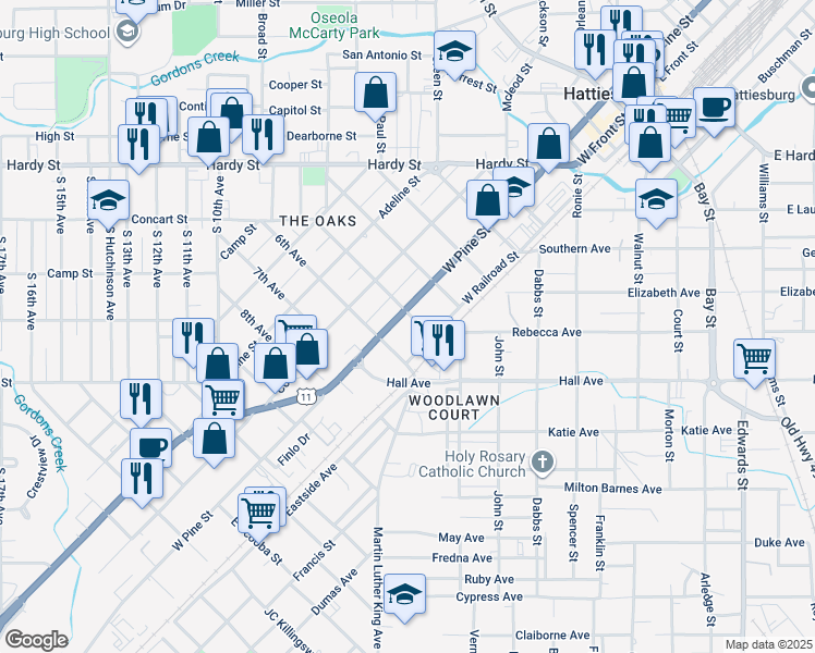 map of restaurants, bars, coffee shops, grocery stores, and more near 814 West Pine Street in Hattiesburg