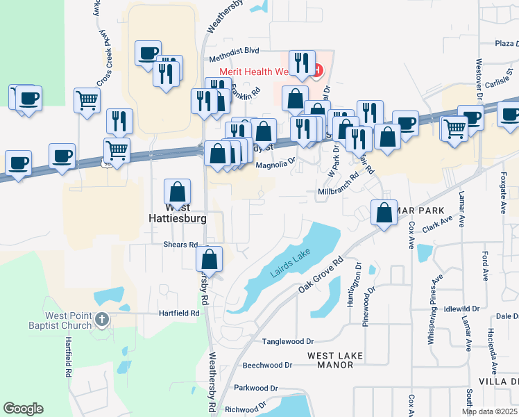 map of restaurants, bars, coffee shops, grocery stores, and more near 61 Hillcrest Drive in Hattiesburg