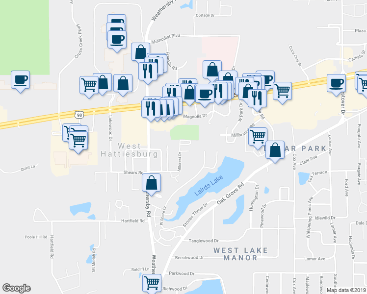 map of restaurants, bars, coffee shops, grocery stores, and more near 61 Hillcrest Drive in Hattiesburg