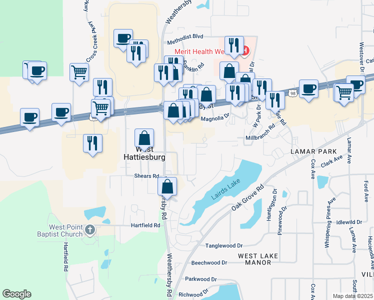map of restaurants, bars, coffee shops, grocery stores, and more near 95 Magnolia Memorial Gardens in Hattiesburg