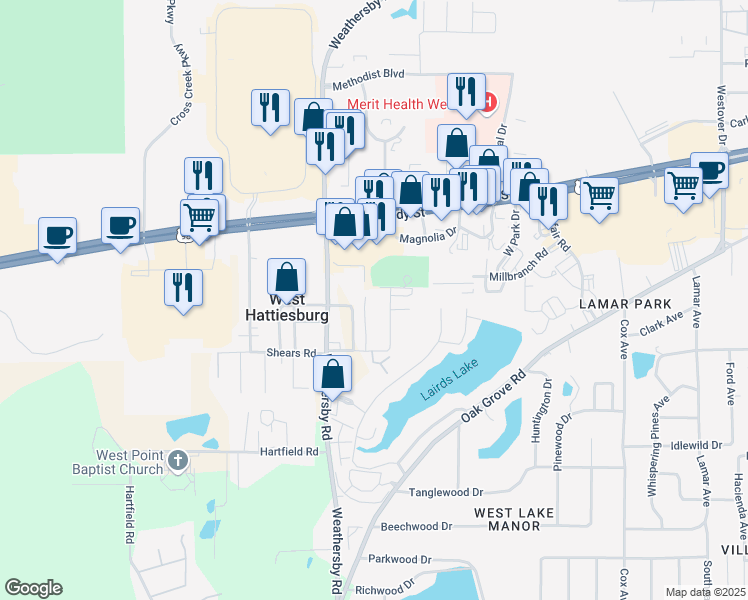 map of restaurants, bars, coffee shops, grocery stores, and more near 95 Magnolia Memorial Gardens in Hattiesburg