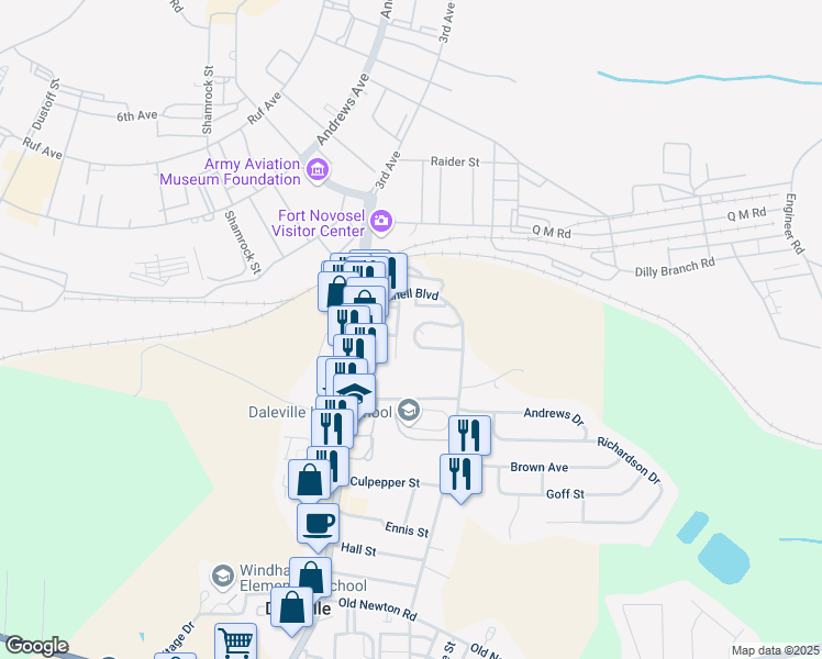 map of restaurants, bars, coffee shops, grocery stores, and more near 134 Donnell Circle in Daleville