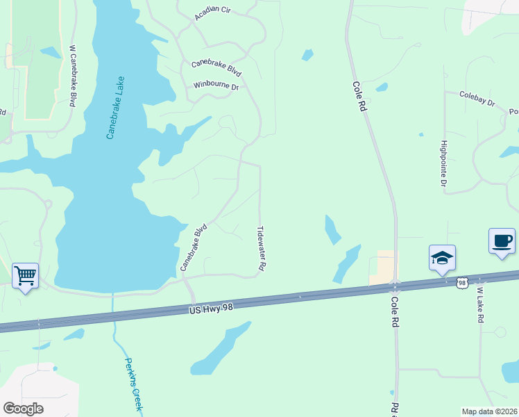 map of restaurants, bars, coffee shops, grocery stores, and more near Tidewater Road in Hattiesburg