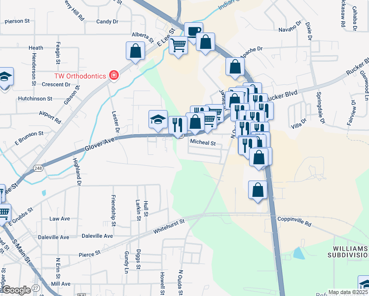 map of restaurants, bars, coffee shops, grocery stores, and more near 630 Glover Avenue in Enterprise