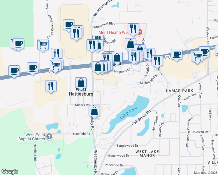 map of restaurants, bars, coffee shops, grocery stores, and more near 60 Hillcrest Drive in Hattiesburg
