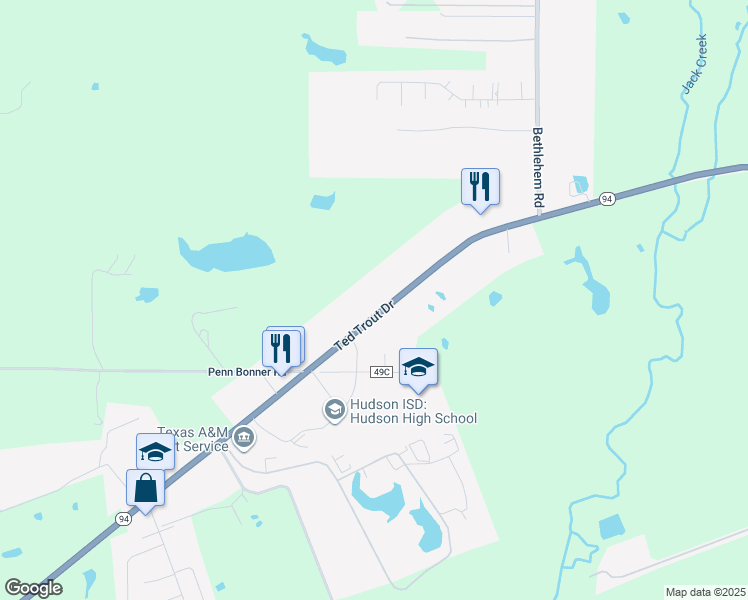 map of restaurants, bars, coffee shops, grocery stores, and more near 6340 Ted Trout Drive in Lufkin
