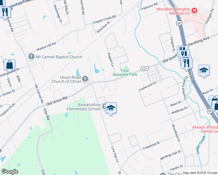 map of restaurants, bars, coffee shops, grocery stores, and more near 3205 Old Union Road in Lufkin