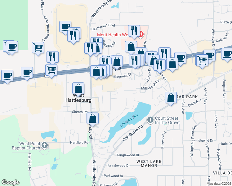 map of restaurants, bars, coffee shops, grocery stores, and more near 61 Hillcrest Drive in Hattiesburg