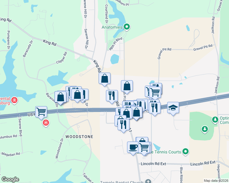 map of restaurants, bars, coffee shops, grocery stores, and more near 32 King Road in Hattiesburg