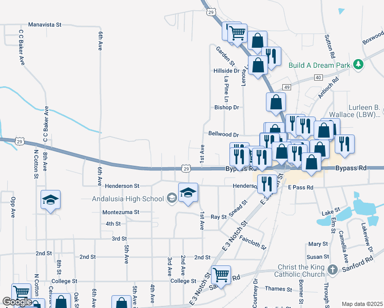 map of restaurants, bars, coffee shops, grocery stores, and more near 800-816 Clara Street in Andalusia