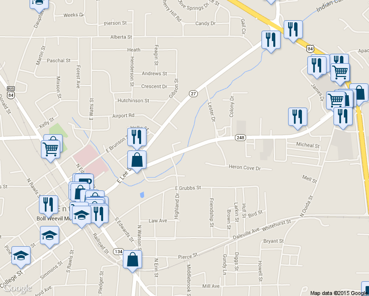 map of restaurants, bars, coffee shops, grocery stores, and more near 521 Glover Avenue in Enterprise