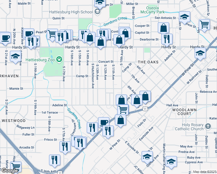 map of restaurants, bars, coffee shops, grocery stores, and more near 315 South 11th Avenue in Hattiesburg