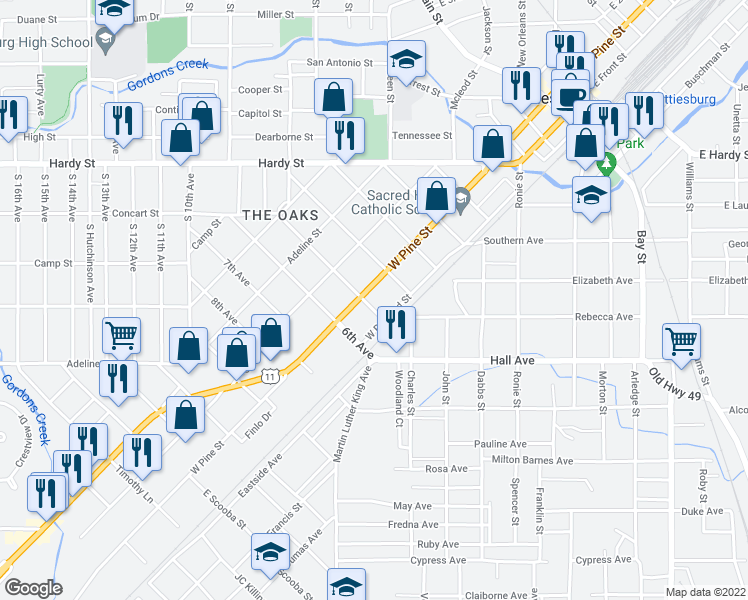 map of restaurants, bars, coffee shops, grocery stores, and more near 814 West Pine Street in Hattiesburg