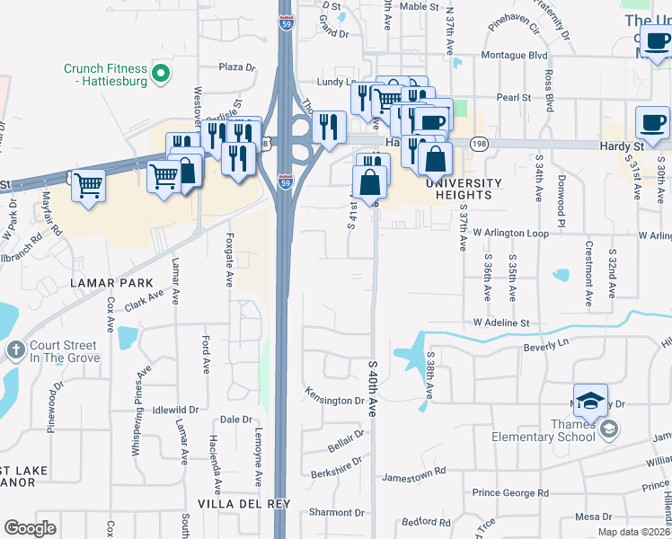 map of restaurants, bars, coffee shops, grocery stores, and more near 4200 Mamie Street in Hattiesburg