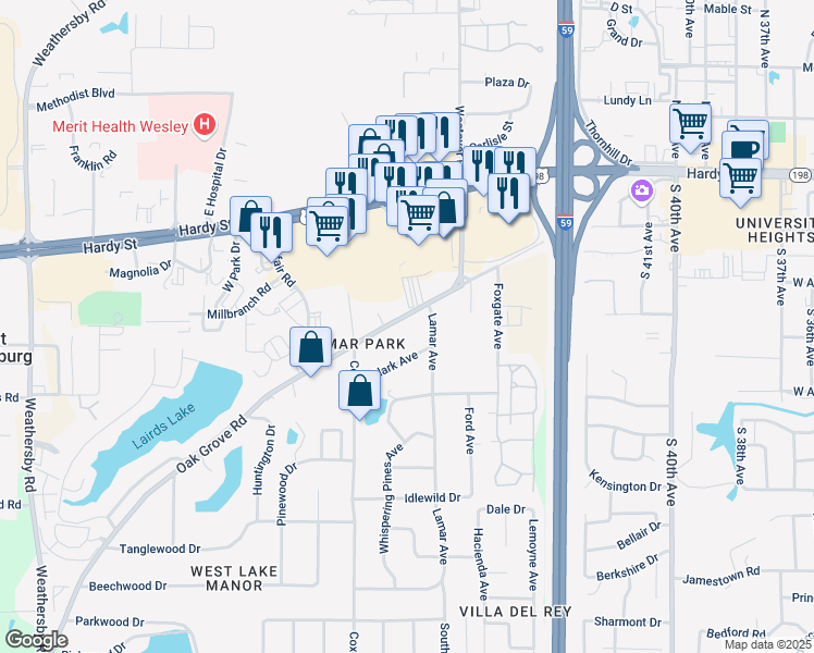 map of restaurants, bars, coffee shops, grocery stores, and more near 2050 Oak Grove Road in Hattiesburg