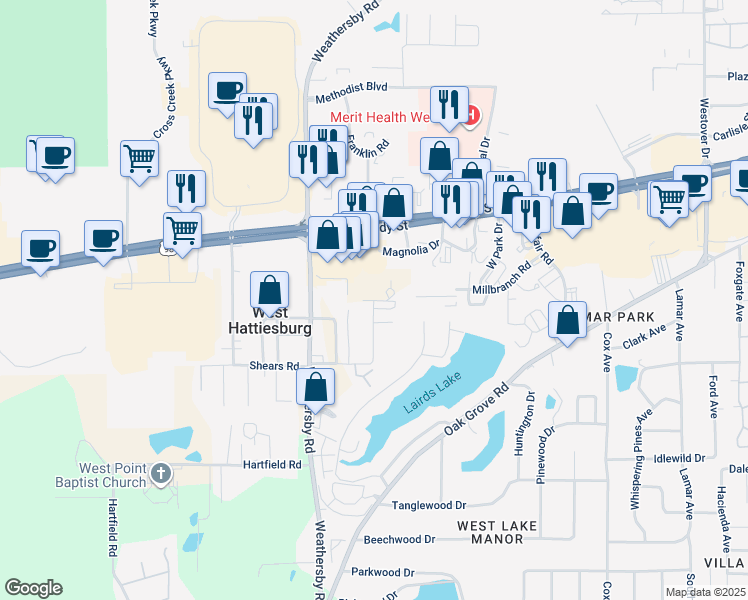 map of restaurants, bars, coffee shops, grocery stores, and more near 58 Hillcrest Drive in Hattiesburg