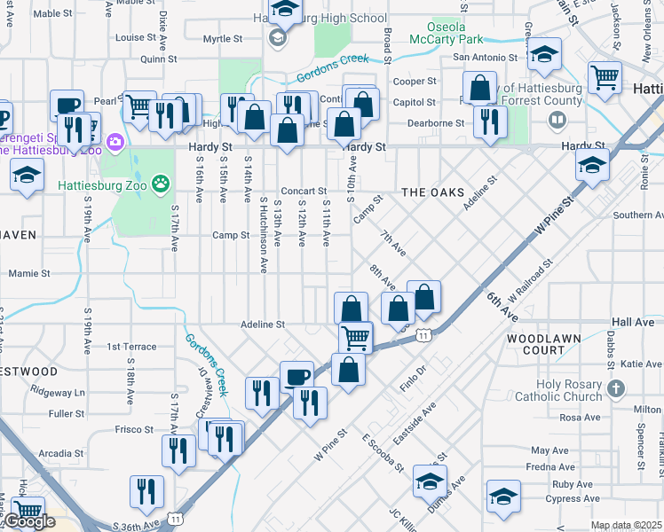 map of restaurants, bars, coffee shops, grocery stores, and more near 315 South 11th Avenue in Hattiesburg