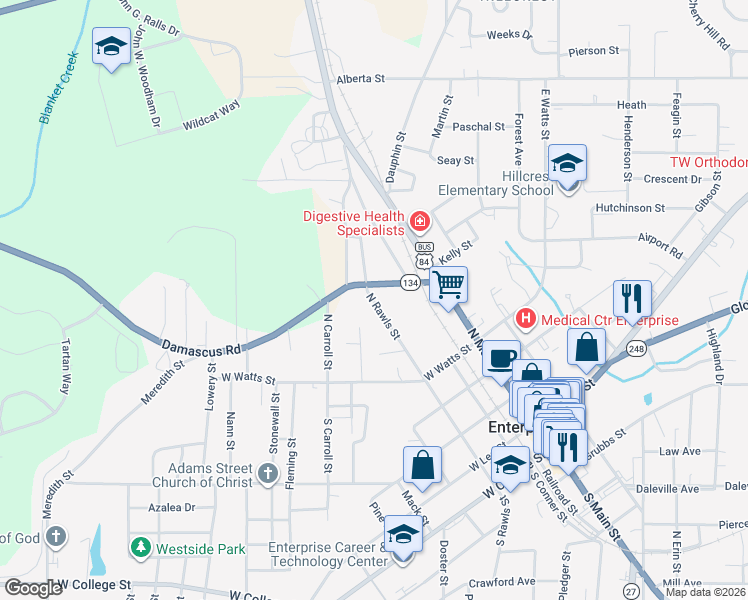 map of restaurants, bars, coffee shops, grocery stores, and more near 215 Damascus Road in Enterprise