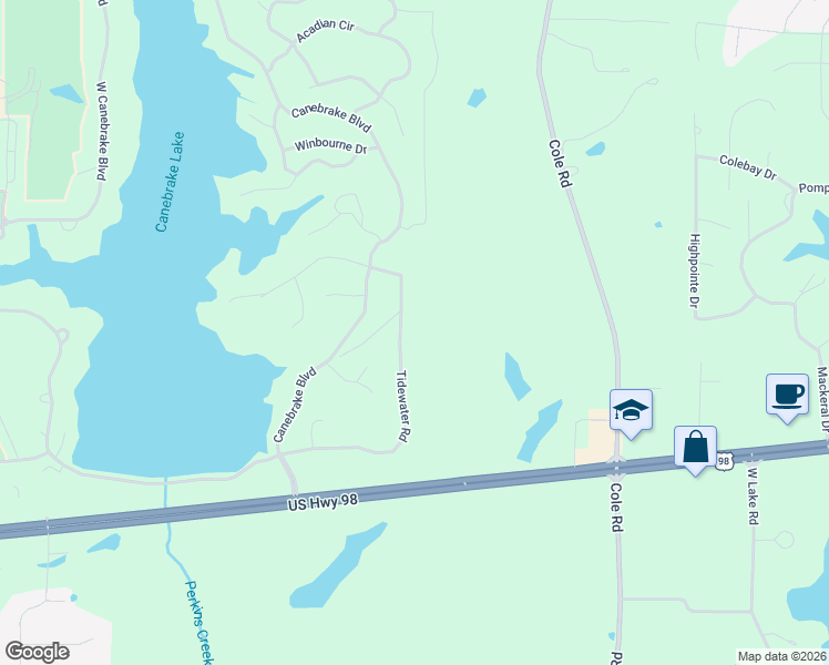 map of restaurants, bars, coffee shops, grocery stores, and more near Tidewater Road in Hattiesburg