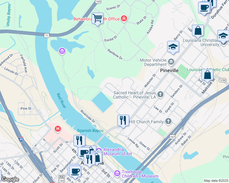 map of restaurants, bars, coffee shops, grocery stores, and more near 48 Hillcrest Boulevard in Pineville
