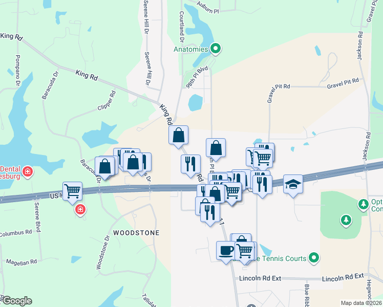map of restaurants, bars, coffee shops, grocery stores, and more near 32 King Road in Hattiesburg