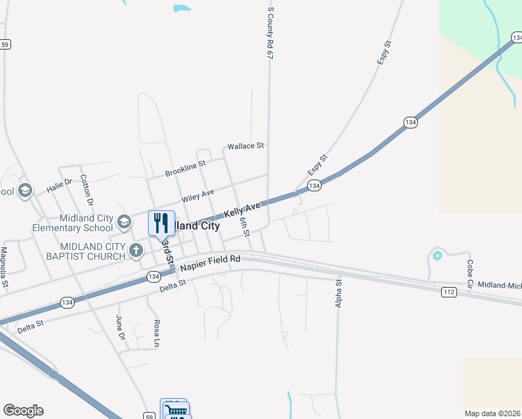 map of restaurants, bars, coffee shops, grocery stores, and more near 474 Kelly Avenue in Midland City