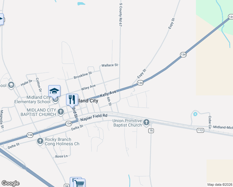 map of restaurants, bars, coffee shops, grocery stores, and more near 474 Kelly Avenue in Midland City