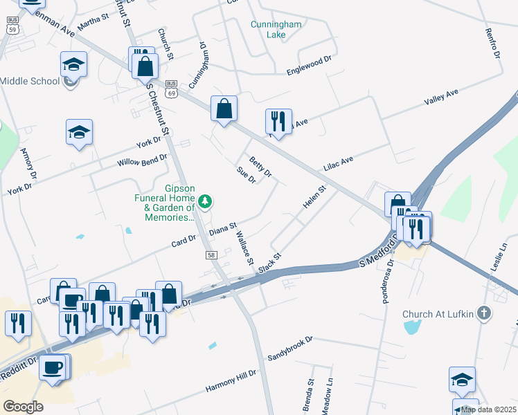 map of restaurants, bars, coffee shops, grocery stores, and more near 1418 Diana Street in Lufkin