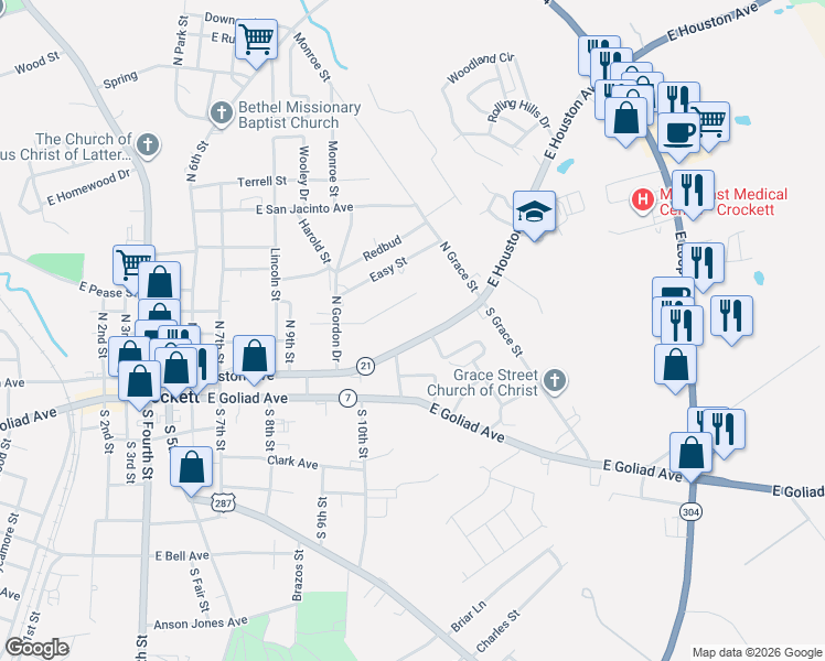 map of restaurants, bars, coffee shops, grocery stores, and more near 1104 East Houston Avenue in Crockett