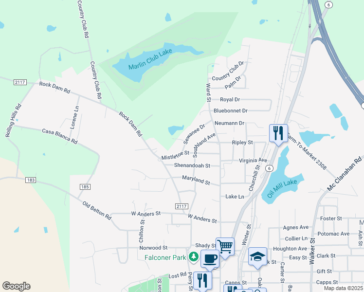 map of restaurants, bars, coffee shops, grocery stores, and more near 1209 Sewanee Drive in Marlin