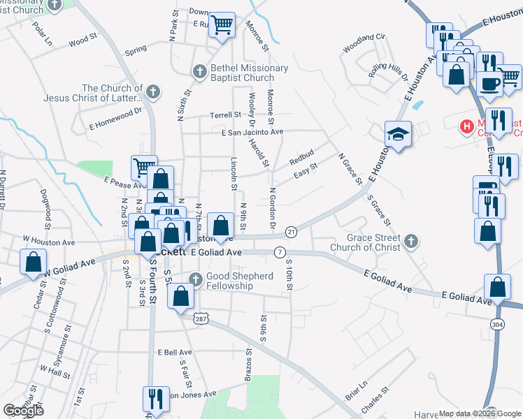 map of restaurants, bars, coffee shops, grocery stores, and more near 107 North Gordon Drive in Crockett