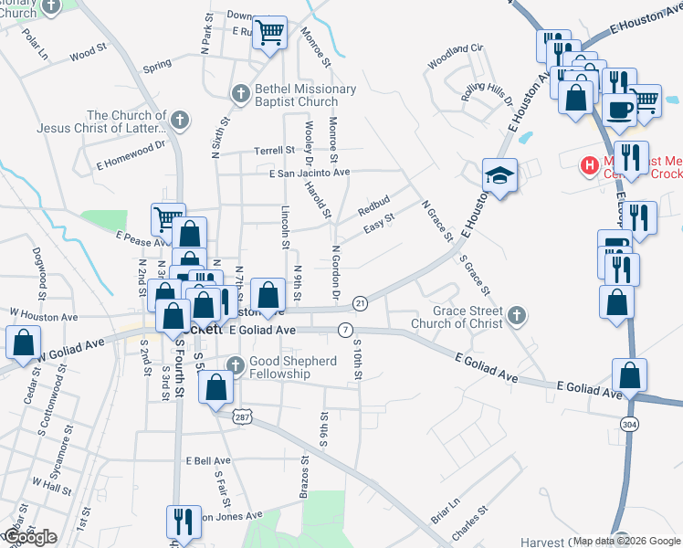 map of restaurants, bars, coffee shops, grocery stores, and more near 107 North Gordon Drive in Crockett